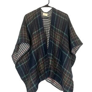 ModCloth Women’s Navy Blue Plaid Open-Front Knit Shawl Cardigan Poncho One Size